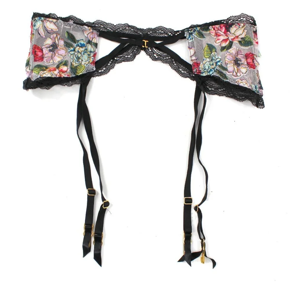 Victoria’s Secret Garter Belt Floral Lace Cutout Sheer Mesh M/L Gold Hardware - Picture 6 of 11